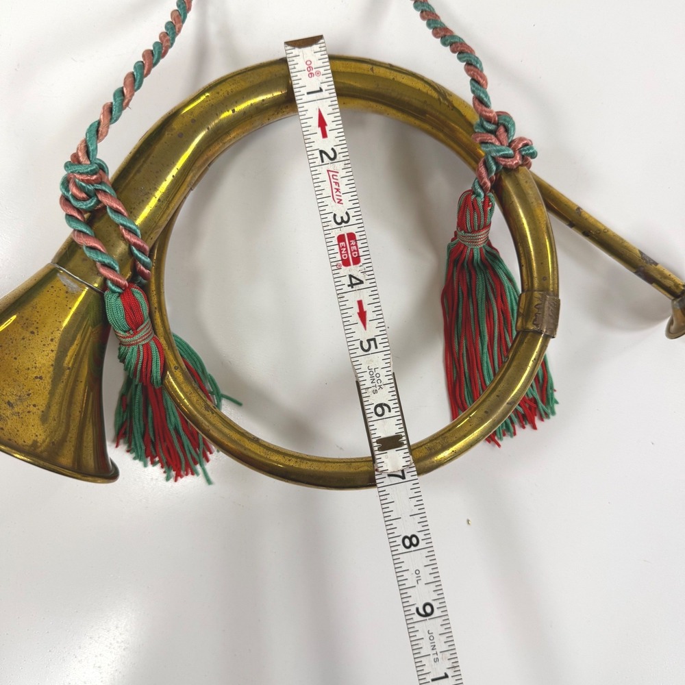Vintage Brass French Horn Medium Brass instrument decor Red Green Tassels Wreath - Picture 5 of 10